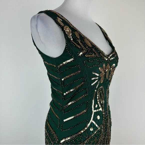 BABEYOND Green Gold Art Deco Sequin Flapper Dress Size XS - Picture 6 of 14